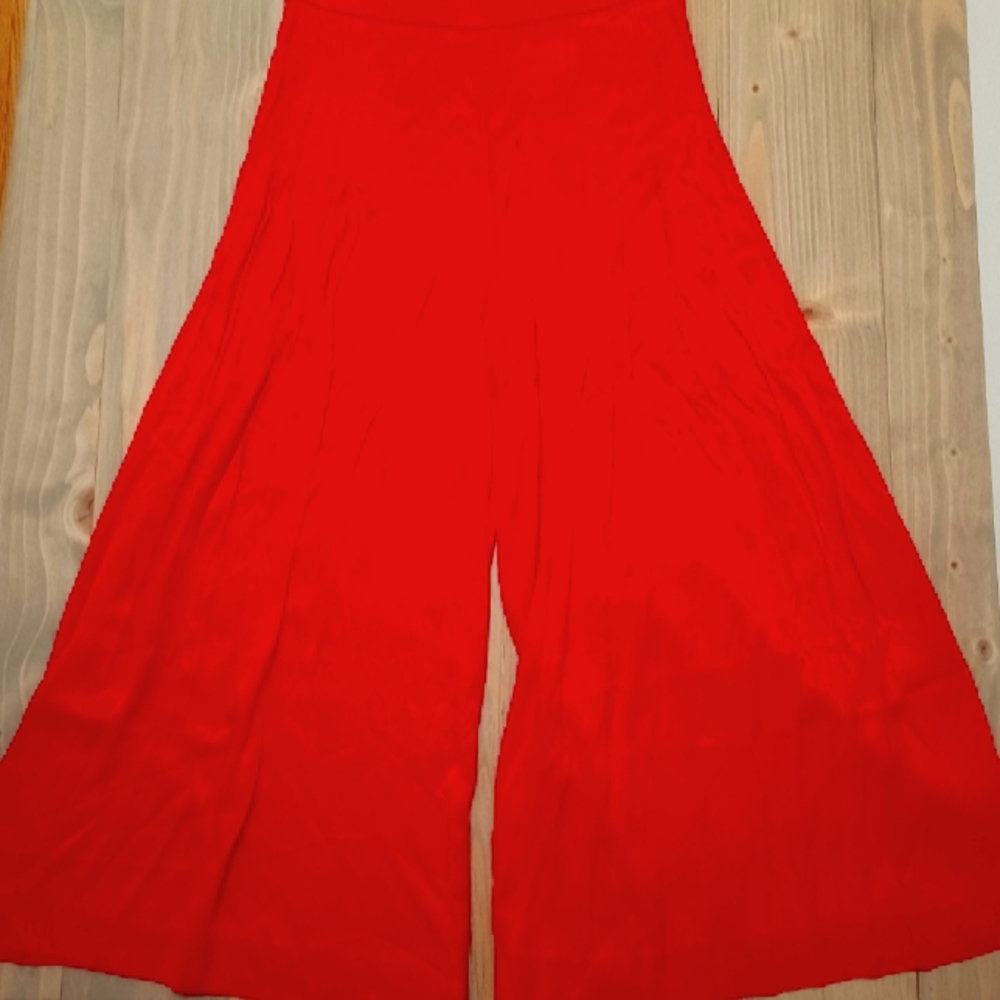 Zara Wide Leg Pleated Viscose Red Pants Med
